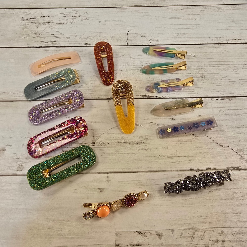 Lot of 14 Decorative Hair Clips Resin Glitter Rhinestone Pearl Barrettes Multico